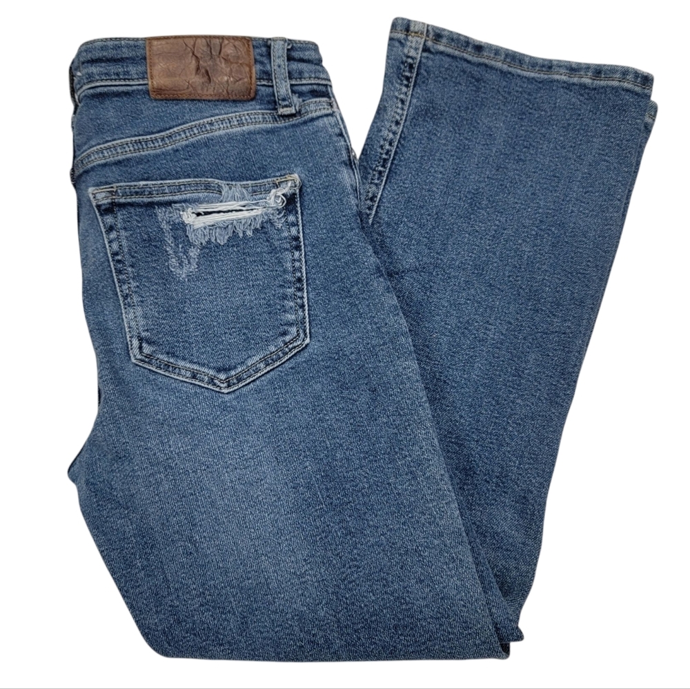Free People Cropped Flare Leg Jeans w/ Colorblock Cut Out Distressed Wom… - Picture 8 of 17